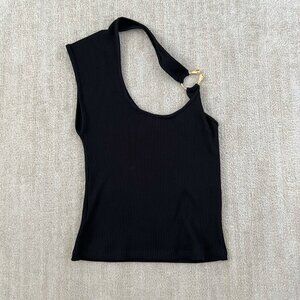 Zara Ribbed Black Cotton Blend Ribbed One Shoulder Asymmetric Knit Tank Top M